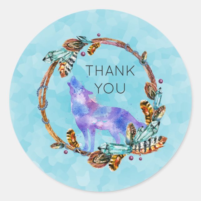 Adesivo Redondo Watercolor Wolf com Boho Style Wreath Obrigado (Frente)