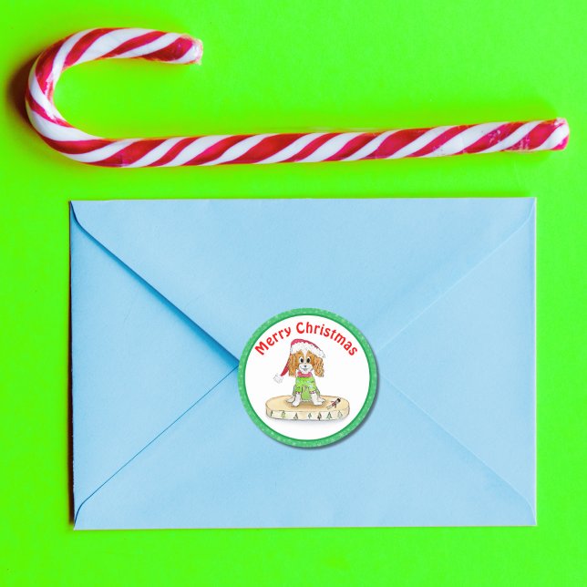 Adesivo Redondo Watercolor Xmas Cavalier King Charles Spaniel (Criador carregado)