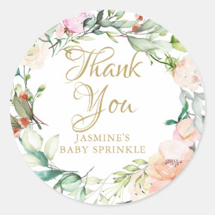 Adesivo Redondo Watercolour Floral gold script baby sprinkle