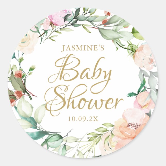 Adesivo Redondo Watercolour Floral Rose Gold Script Baby Shower (Frente)