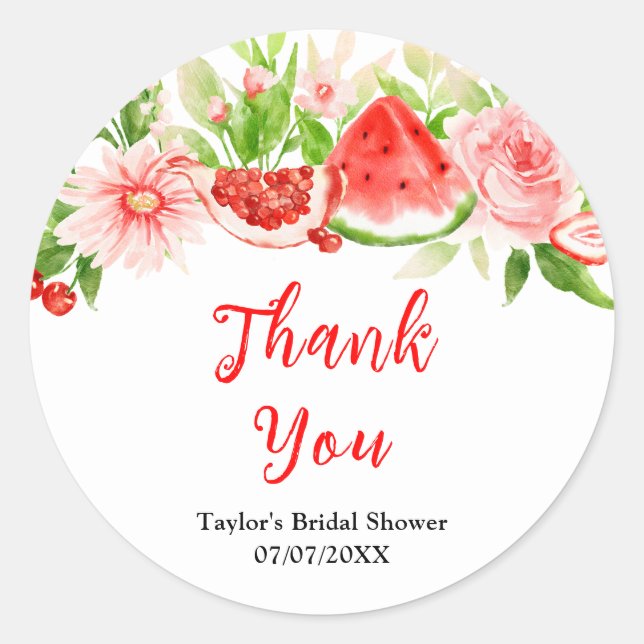 Adesivo Redondo Watermelon Pomegranate Bridal Shower Thank You (Frente)