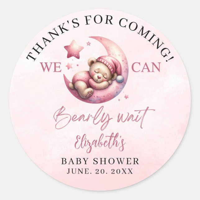 Adesivo Redondo We can Bearly wait - Cute Bear Baby shower Girl (Frente)