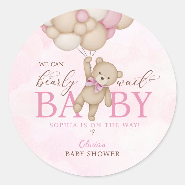 Adesivo Redondo We Can Bearly Wait Pink Baby Shower (Frente)
