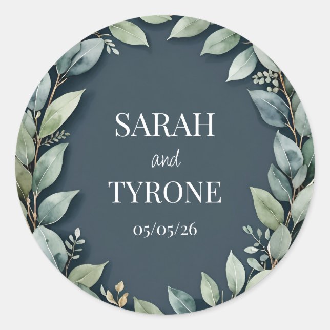Adesivo Redondo WEDDING EUCALYPTUS WREATH texto personalizado (Frente)