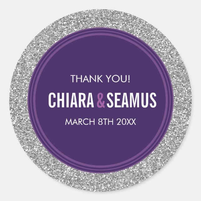 Adesivo Redondo WEDDING FAVOR do roxo prateado simples moderno (Frente)