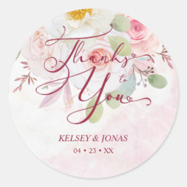 Adesivo Redondo Wedding Pink Floral Thanks to You Whimsical Quote