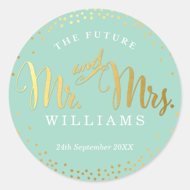 Adesivo Redondo WEDDING SEAL na moda mini ouro confetti menta (Frente)