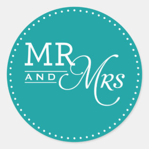 Adesivo Redondo WEDDING STICKER mr & mrs moderna tipografia teal