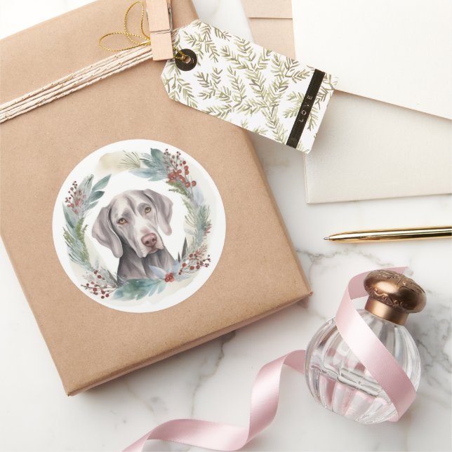 Adesivo Redondo Weimaraner Christmas Wreath Festivo Pup (Presentear)