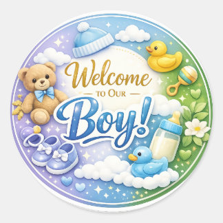 Adesivo Redondo Welcome to Our Boy – Baby Shower Sticker