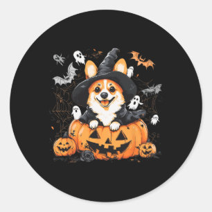 Adesivo Redondo Welsh Corgi Dog Pumpkin Halloween Ação de Graças
