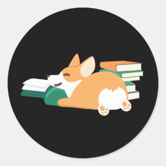 Adesivo Redondo Welsh Corgi Lendo Um Bookworm De Proprietário De P