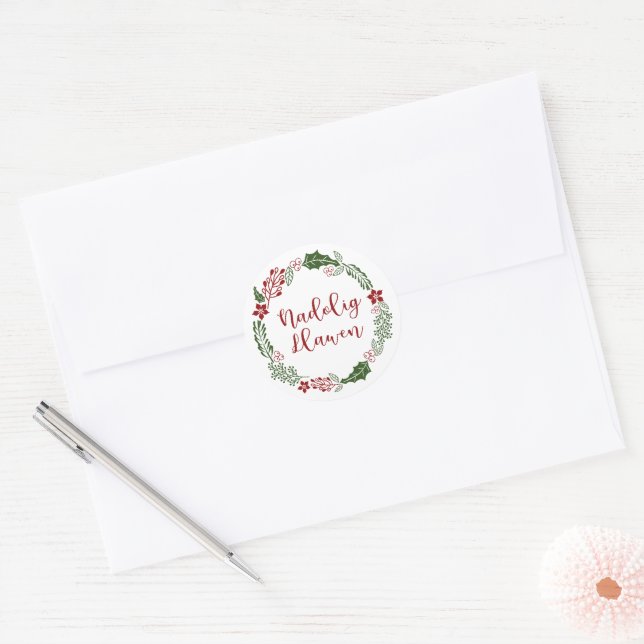 Adesivo Redondo Welsh Felry Christmas Wreath, Nadolig Llawen Ornam (Envelope)