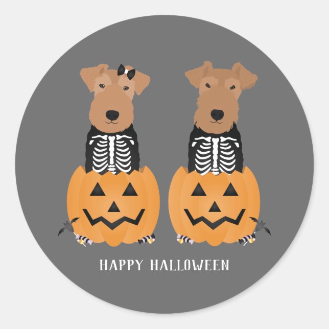 Adesivo Redondo Welsh Terrier Halloween Skeleton (Frente)