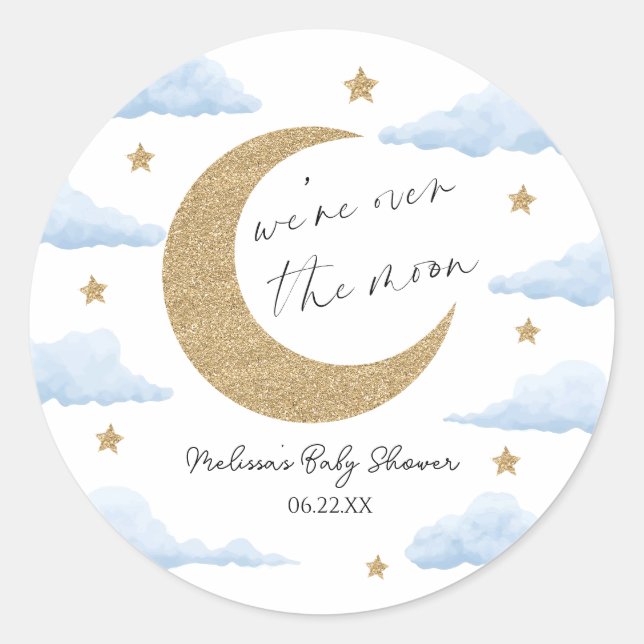 Adesivo Redondo We're Over The Moon Blue Celestial Baby Shower (Frente)