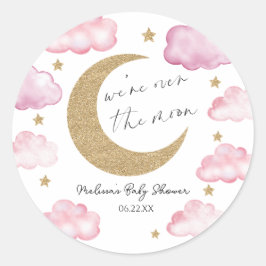 Adesivo Redondo We're Over The Moon Pink Celestial Baby Shower