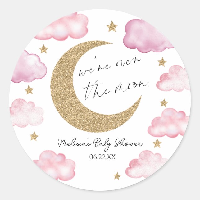 Adesivo Redondo We're Over The Moon Pink Celestial Baby Shower (Frente)