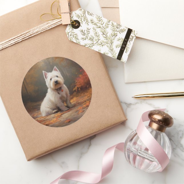 Adesivo Redondo West Highland White Terrier no outono deixa cair (Presentear)