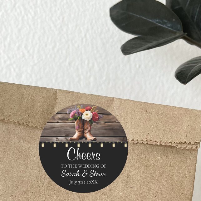 Adesivo Redondo Western Cowboy Boots Floral Elegante Mason Jar (Rustic Wedding Favor Sticker Wildflower Cowboy Boots Ranch)