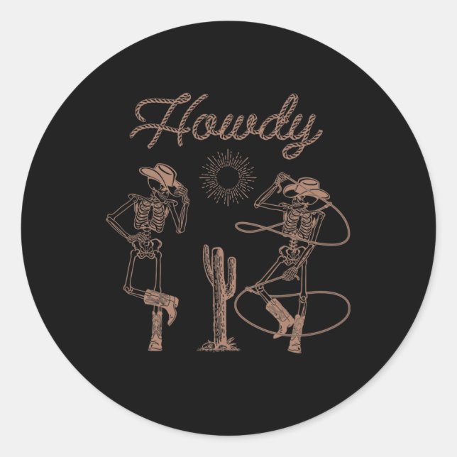 Adesivo Redondo Western Cowboy Skeleton Dançando Howdy Halloween (Frente)