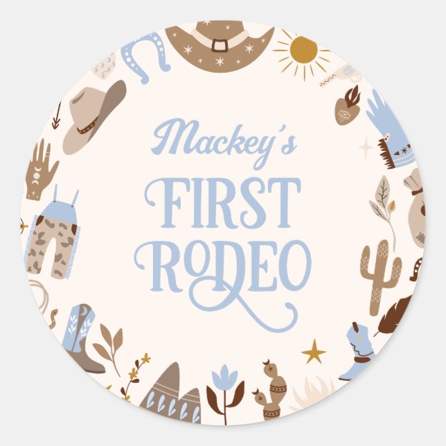 Adesivo Redondo Western First Rodeo Wild West Cowboy Blue Birthday (Frente)