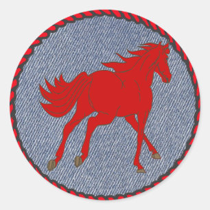 Adesivo Redondo Western Sticker Red Horse em Denim Impressão