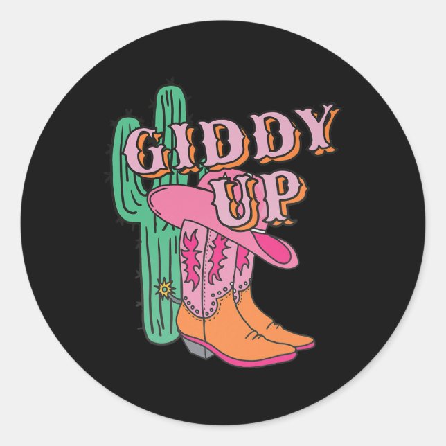 Adesivo Redondo Western Texas Giddy Up Cowboy Boots Cactus (Frente)