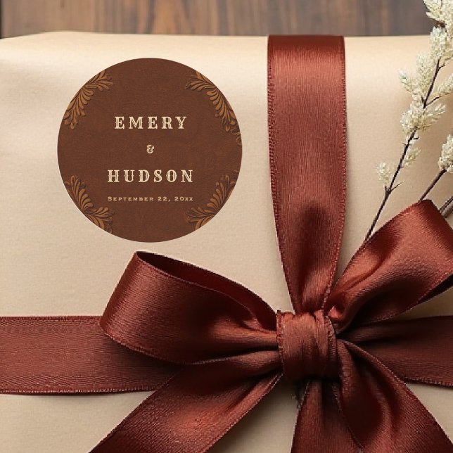 Adesivo Redondo Western Tooled Rustic Terracotta Cream Wedding (country rustic cowboy wedding sticker faux tooled leather terracotta rust western barn)