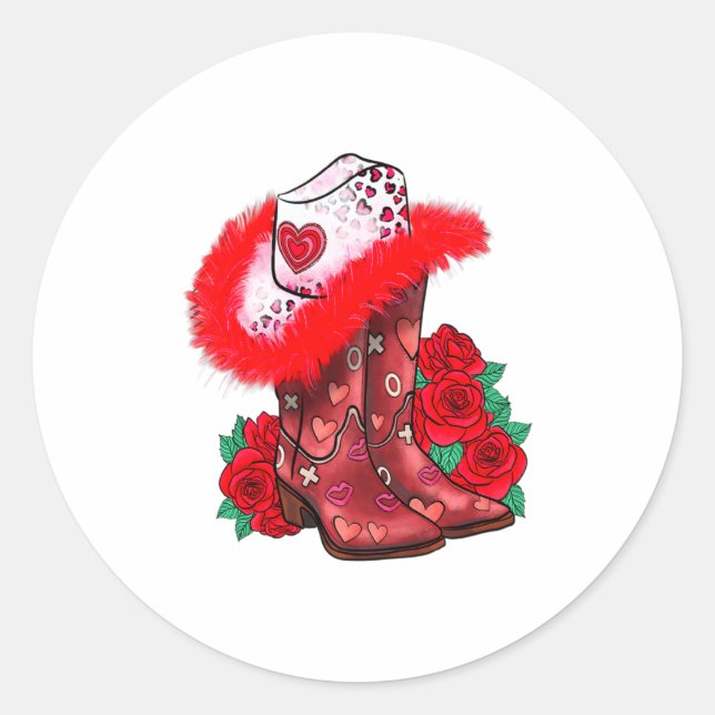 Adesivo Redondo Western Valentines Day Cowgirl Boots Yeehaw Howdy  (Frente)