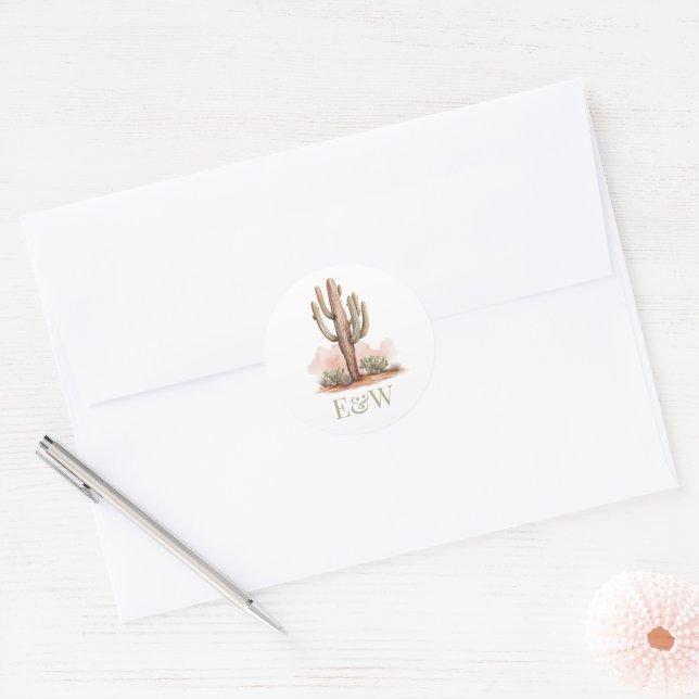 Adesivo Redondo Western Wedding Cactus Monograma (Envelope)