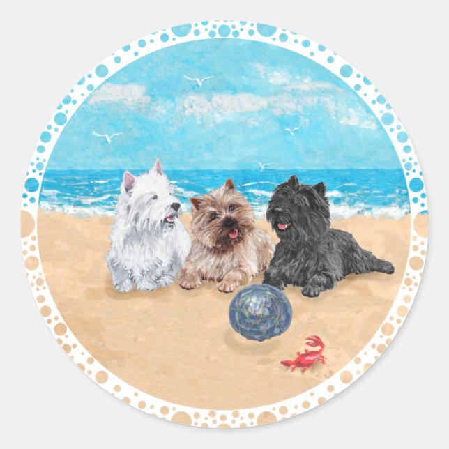 Adesivo Redondo Westie com Cairn Terriers na Praia (Frente)