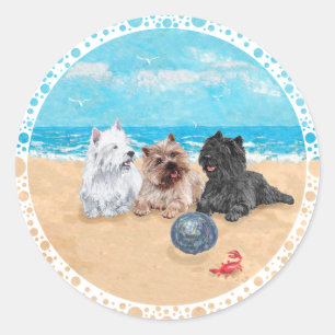 Adesivo Redondo Westie com Cairn Terriers na Praia