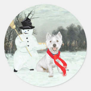Adesivo Redondo Westie de inverno com um boneco de neve