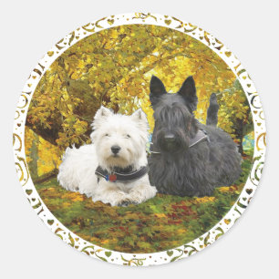 Adesivo Redondo Westie e Scottie no Outono