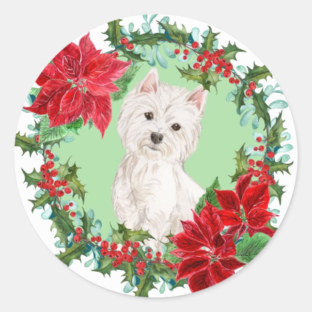 Adesivo Redondo Westie Poinsettia Holly Holiday Wreath (Frente)