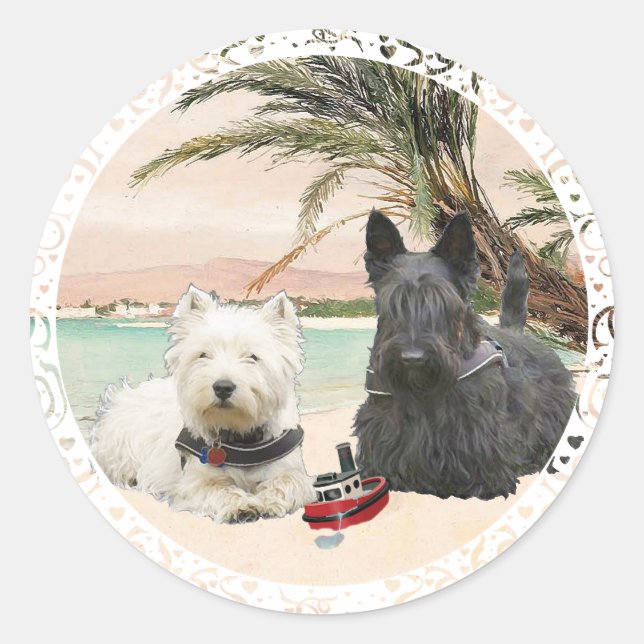 Adesivo Redondo Westie & Scottie em Palmy Beach (Frente)