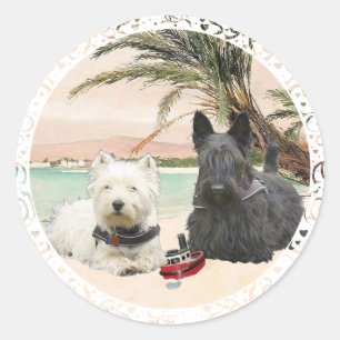 Adesivo Redondo Westie & Scottie na praia Palmy
