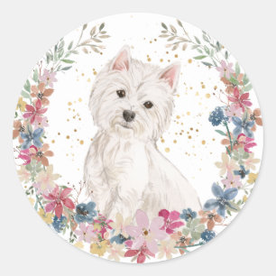 Adesivo Redondo Westie Terrier Spring Flowers Wreath