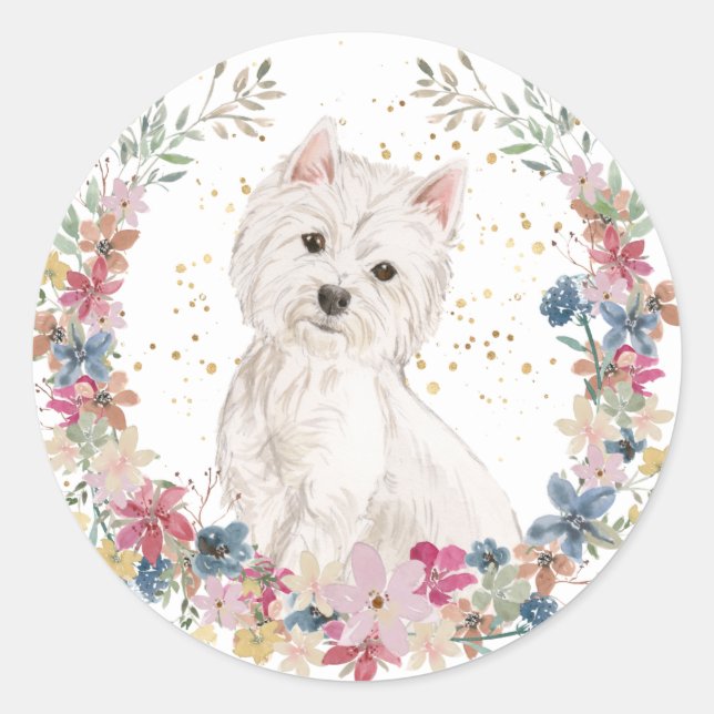Adesivo Redondo Westie Terrier Spring Flowers Wreath (Frente)