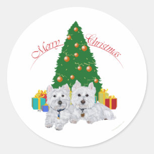 Adesivo Redondo Westies junto à Árvore de Natal