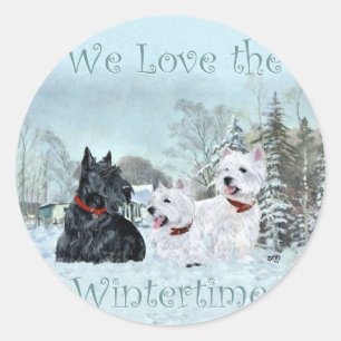 Adesivo Redondo Westies & Scottie no Inverno