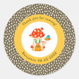 Adesivo Redondo Whimland Woodland Toadstool Gnome House Obrigado