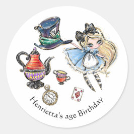 Adesivo Redondo Whimsical Alice Tea Party Birthday Sticker