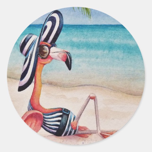 Adesivo Redondo Whimsical Beach Babe Pink Flamingo No. 1 (Frente)