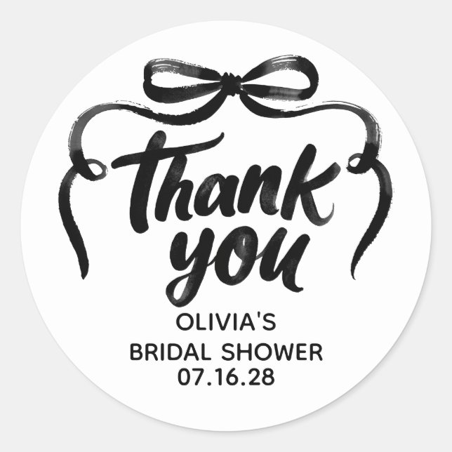 Adesivo Redondo Whimsical Black Bow Bridal Shower Thank You  (Frente)