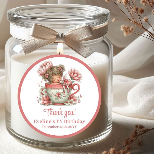 Adesivo Redondo Whimsical Blush Pink Fairy Flowers Girl Birthday  (Whimsical Blush Pink Fairy Flowers Girl Birthday Stickers)