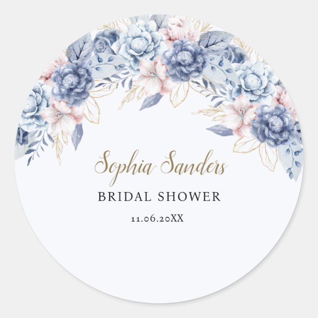Adesivo Redondo Whimsical Bridal Shower with Soft Blue Flowers (Frente)