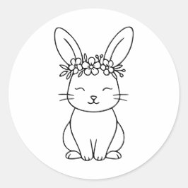 Adesivo Redondo Whimsical Bunny with Floral Crown Line Art