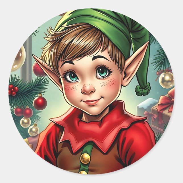 Adesivo Redondo Whimsical Cartoon Elf | Christmas (Frente)