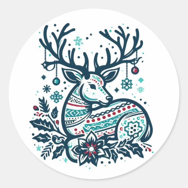 Adesivo Redondo Whimsical Christmas Deer Vector Clipart - Festive (Frente)